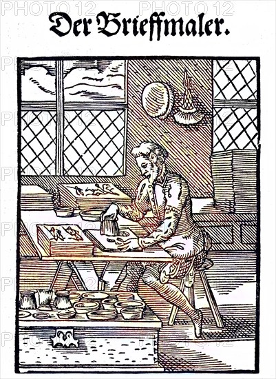 The title, Der Brieffmaler, the woodcut was created by Ammann, the verses are by Hans Sachs,