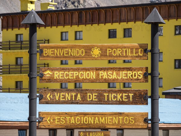 Information sign at ski resort Portillo, at Paso de la Cumbre, Chile, South America