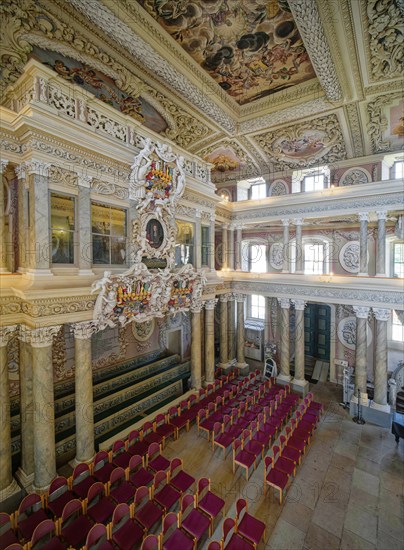 Coat of arms and portrait on the princely gallery, ceiling design, baroque church, baroque castle