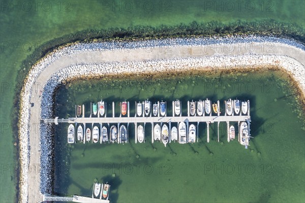 Aerial view of the marina at village Skaland, Senja island, Norway, Europe