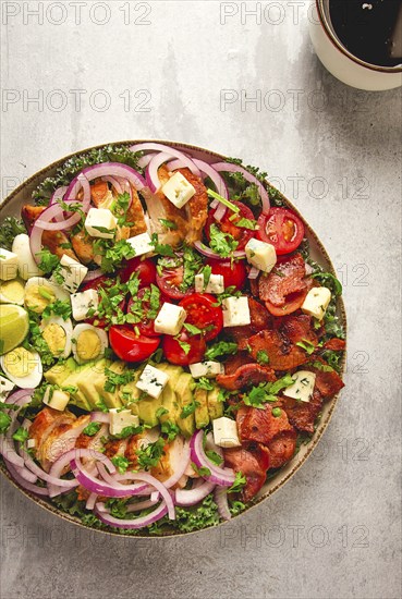 Cobb salad, keto food, top view, no people, close-up