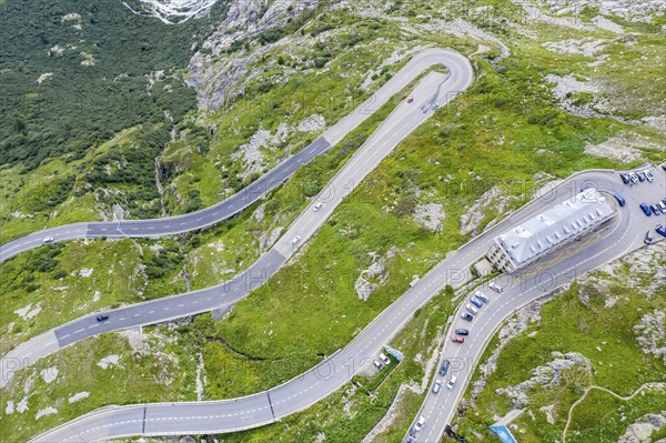 Aerial view of the Belvedere Hotel and the Furka Pass road, Obergoms, Canton of Valais, Swiss Alps,