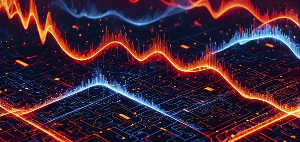 Abstract illustration of digital wave forms and circuits converging to form abstract symbols of