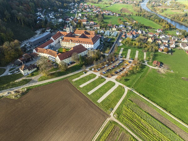 Aerial view of Plankstetten with Benedictine Abbey, Plankstetten, Berching, Bavaria, Germany,