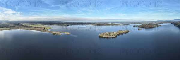 Panorama aerial view of lake Staffelsee near Murnau, Murnaue Moss to islands Wörth, Kleine Birke,