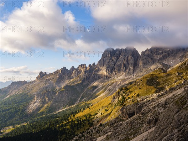 View into the Vajolet valley, behind the Croda Rossa peak, Catinaccio, Dolomites, South Tyrol,