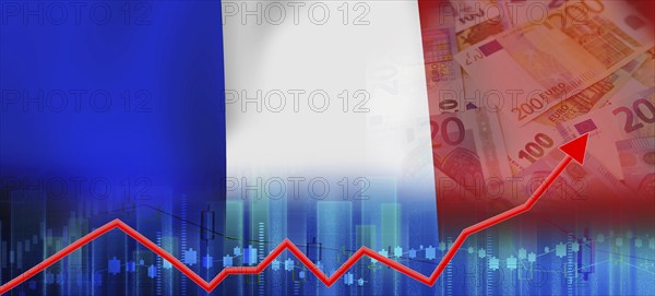 Growth of the French economy on the financial graph. France economy recovery on bar chart