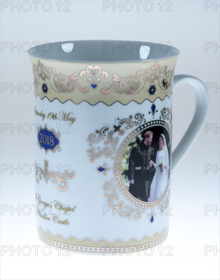 Souvenir mug for the wedding of Prince Harry and Meghan Markle, on 19 May 2018 at Windsor Castle,