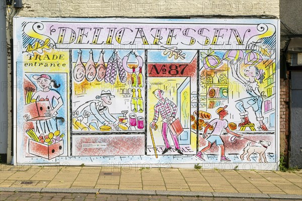 Artwork 'Delicatessen' painting on board up shop by Allan Drummond 2021, High Street, Lowestoft,