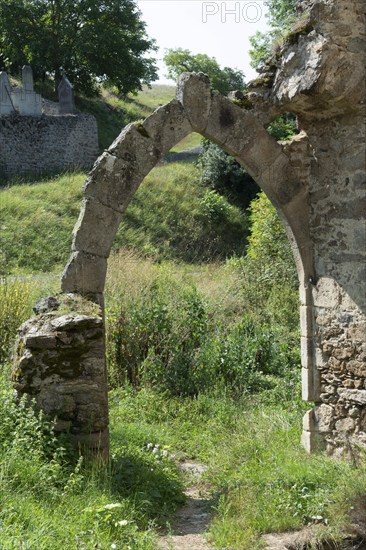 Medieval porch of Saint-Ilpize castle, Haute-Loire, Auvergne-Rhone-Alpes, France, Europe