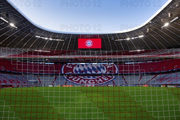 Stadium interior, pitch, scoreboard, FC Bayern Munich FCB logo, empty, goal net, Champions League,
