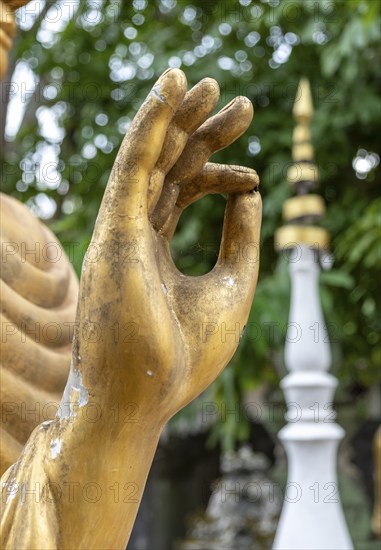 Close-up of Vitarka Mudra, hand gesture signifying the transmission of teachings of the Buddha, Wat