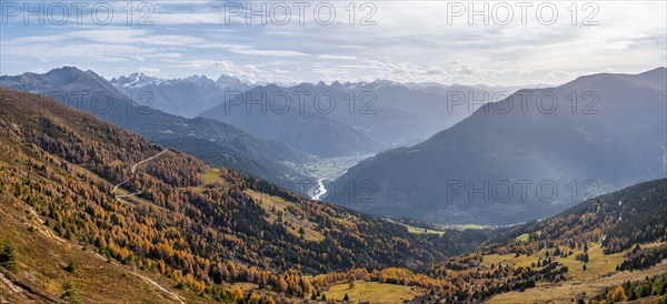 View of the mountain panorama and the Upper Inn Valley in the morning light, Krahberg on the Venet
