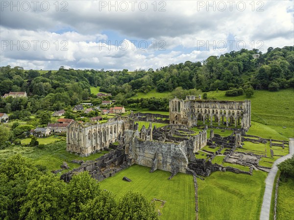 Rievaulx Abbey from a drone, North York Moors National Park, North Yorkshire, England, United
