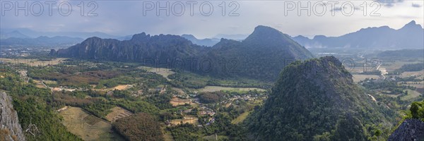 Panorama of Vang Vieng and the Kart landscape from Pha Ngern View Point, Vientiane Province, Laos,