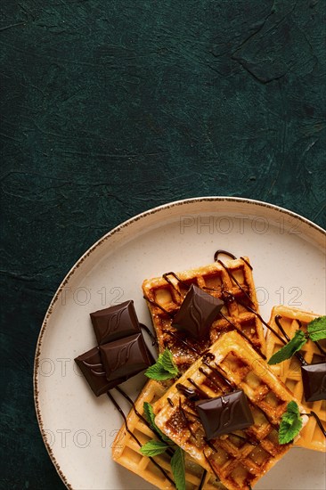 Viennese waffles, with chocolate, breakfast, on a dark background, no people, selective focus,