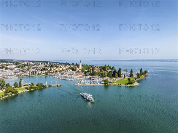 Harbour area, ferry port, yacht harbour, marina of Romanshorn with Seepark, and the departing