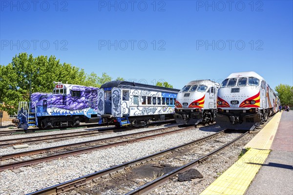 Trains of the New Mexico Rail Runner Express regional train railway in Santa Fe, USA, North America