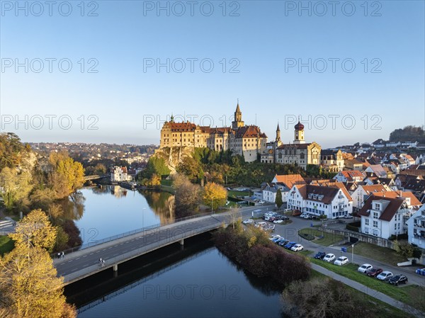 Aerial view of the town of Sigmaringen with the Hohenzollern Castle, a sight and tourist attraction