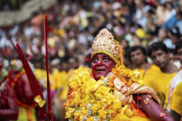 GUWAHATI, INDIA, AUGUST 19: Priest dance in the beat of Dhol (Drum) during the annual