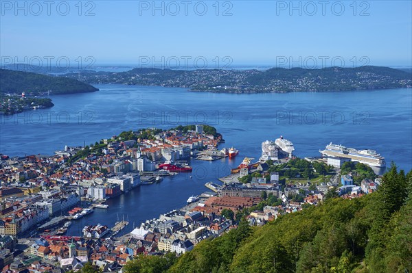 Panoramic view of a coastal town with harbour and a variety of buildings, surrounded by mountains