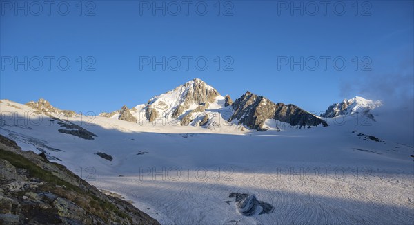 High alpine mountain landscape, summit of the Aiguille de Chardonnet and Glacier du Tour, glaciers