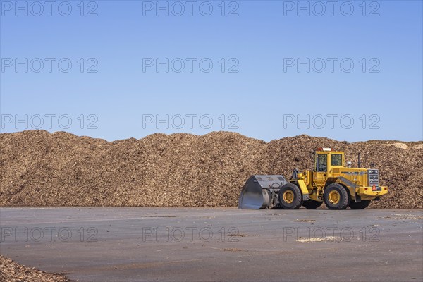Loader at stacks of Woodchips on a loading area