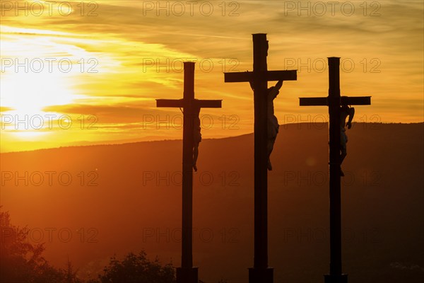 Sunset, crucifixion group, three crosses on the Kreuzberg in the Rhön, Kreuzberg near Bischofsheim,