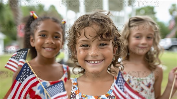 Cute children celebrating the american holiday with friends and family at the park. generatvie AI,