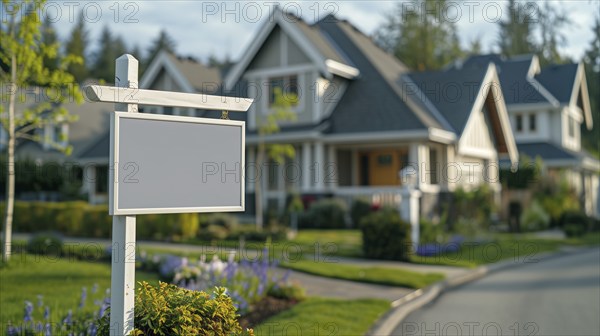 Blank real estate sign ready for your message in front of house. generative AI, AI generated
