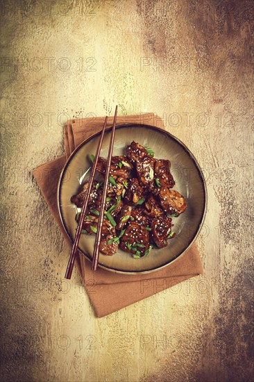 Yakitori chicken kebab, on a plate, with green onions and sesame seeds, top view, no people