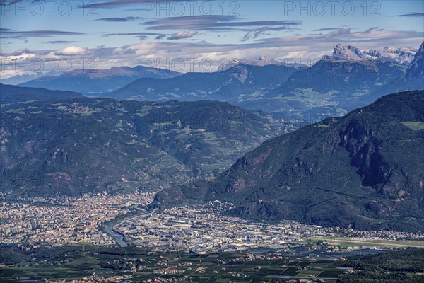View of Bolzano and the Alps, Adige Valley, South Tyrol, Italy, Europe