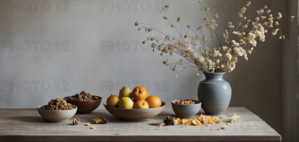 Still life scene of a simple wooden table with a vase of dried flowers, a few ceramic bowls, and