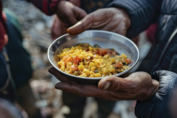 Close up of person's hand holding plate with food at charity food distribution. KI generiert,