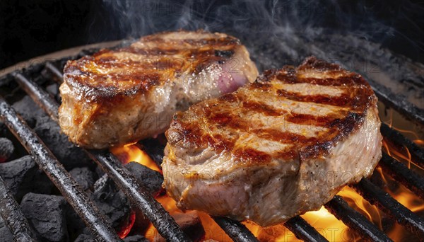 Food, dishes, two pork steaks on a charcoal grill with glowing charcoal, KI generated, AI generated