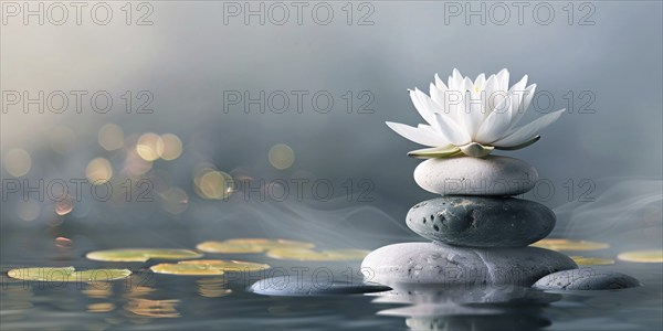 Zen stacking stones piled in balanced with white lotus flower on top. Generative Ai, AI generated