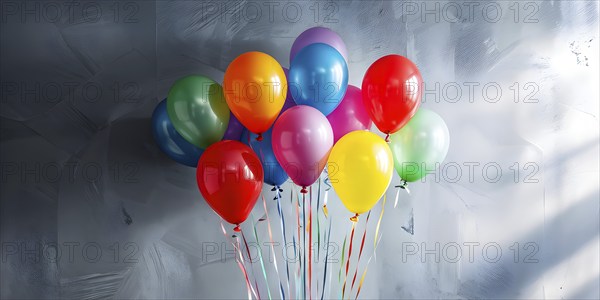 AI generated cluster of vibrant helium balloons floating against a grey background