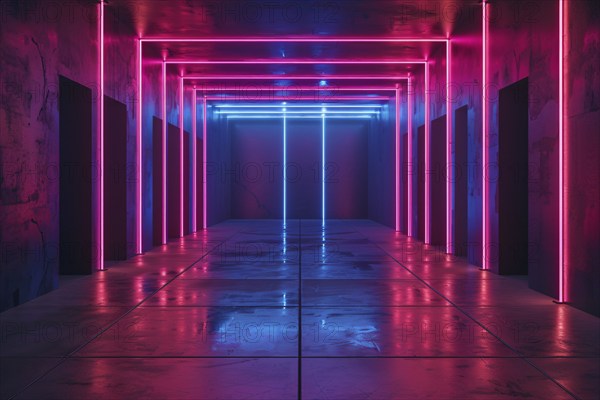 Room with modern futuristic pink and blue glowing neon light lines. KI generiert, generiert, AI