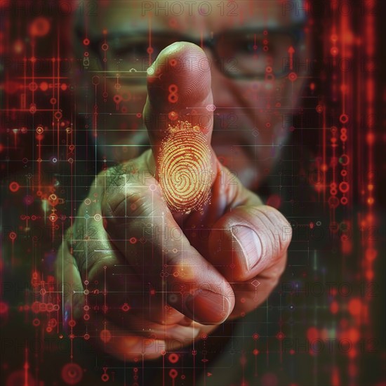 A finger points to a scanned, digitally captured fingerprint for biometric authentication,