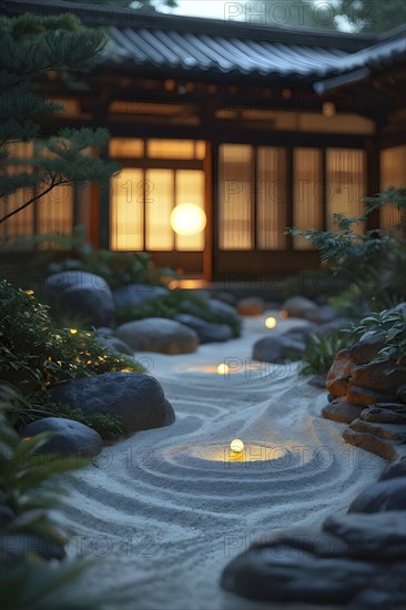 Zen garden bathed in the soft glow of dawn as a serene symbol for relaxation, AI generated