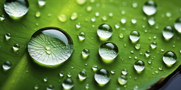 Close up of a lotus leaf showcasing its hydrophobic tendencies repelling water droplets, AI