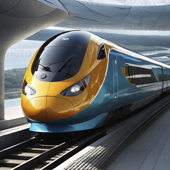 High speed train with an aerodynamic nose modeled after the beak of a kingfisher, AI generated