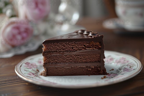 Slice of german chocolate cake called 'Sachertorte'. Generative AI, AI generated