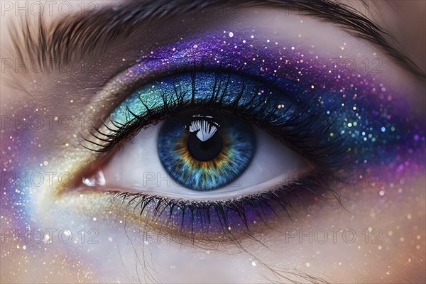 Close up of eye featuring vibrant colored eyelids with intense eye shadow, AI generated