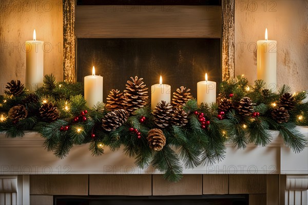 A cozy fireplace mantle decorated with pine cones, garlands, and lit candles, with a close-up focus