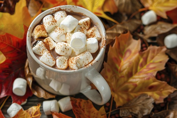 Mug with hot cocoa with marshmallows in colorful autumn leaves. Generative Ai, AI generated