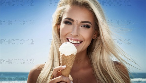 A blonde woman enjoys eating an ice cream cone, AI generated
