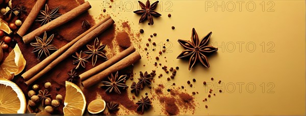 Abstract wallpaper illustration of Christmas spices like cinnamon sticks, star anise, and cloves,