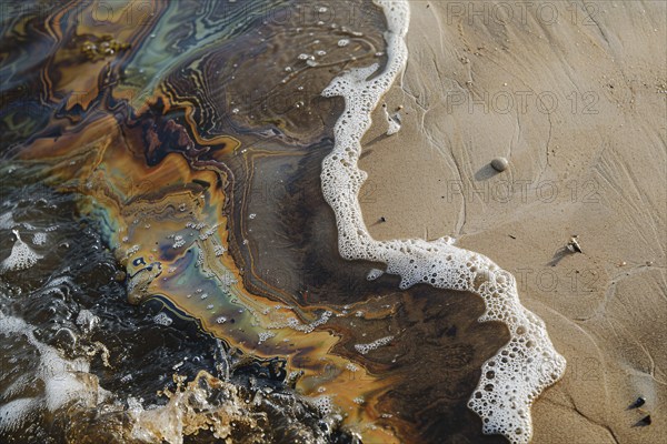 Oil pollution on ocean water at beach. Generative Ai, AI generated