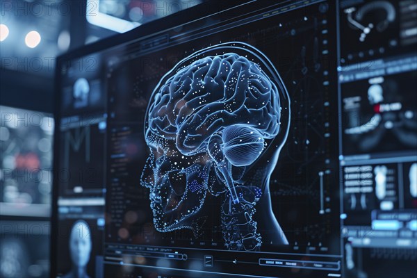 Computer monitor displaying brain, KI generiert, generiert, AI generated